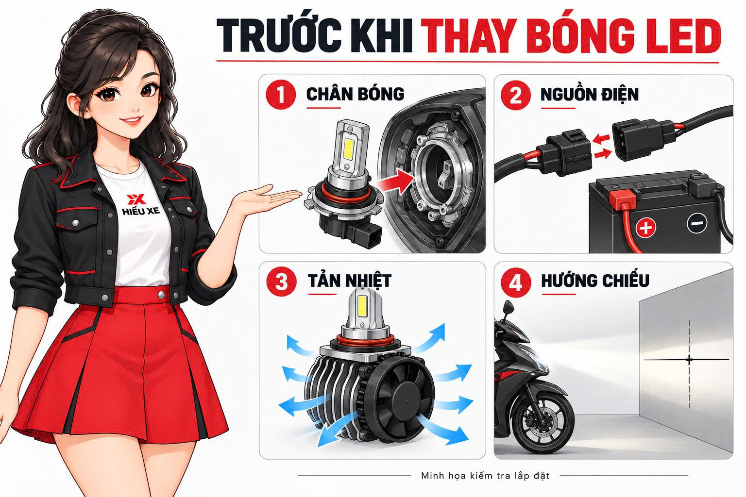 Vy minh họa 4 điểm kiểm tra trước khi thay bóng LED xe máy: chân bóng, nguồn điện, tản nhiệt và hướng chiếu