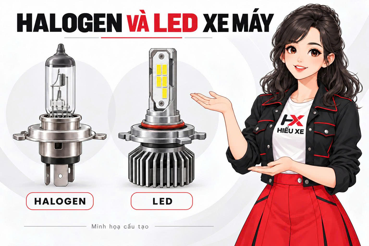 Vy hướng dẫn so sánh đèn halogen và LED xe máy qua hình minh họa cấu tạo hai loại bóng